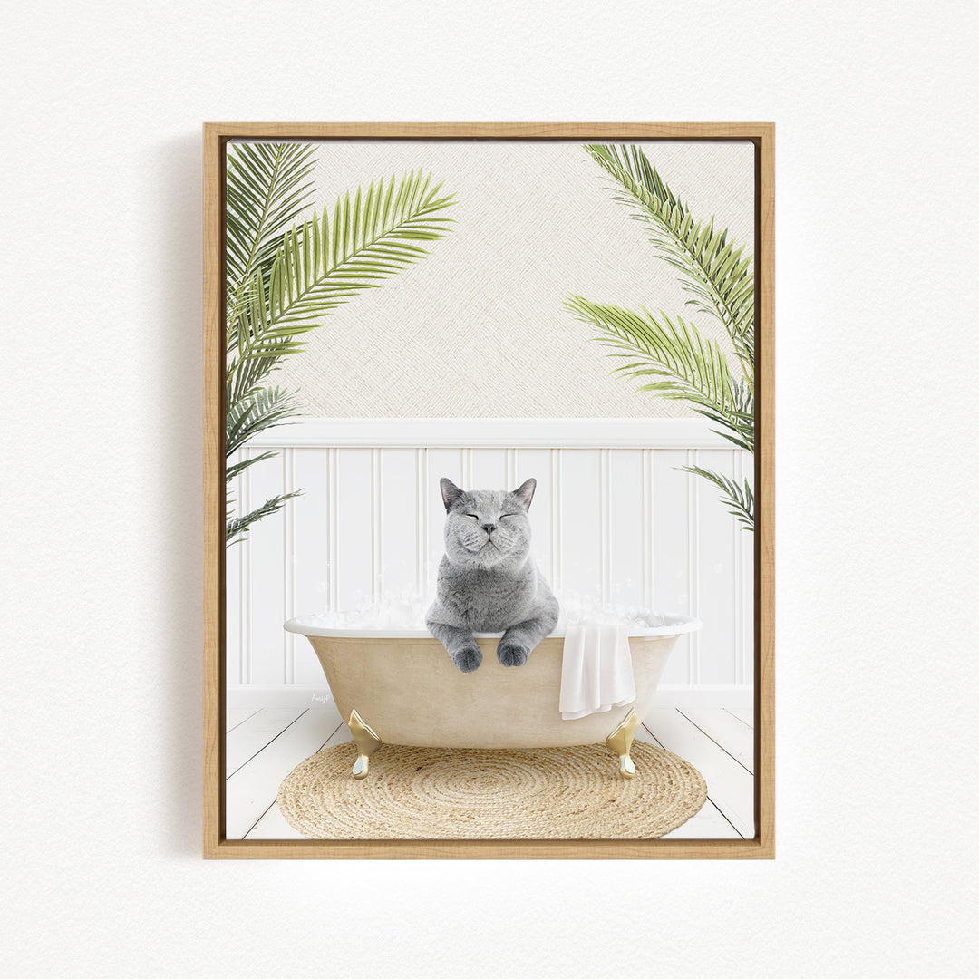 A gray cat sitting in a bathtub filled with water, surrounded by green plants.