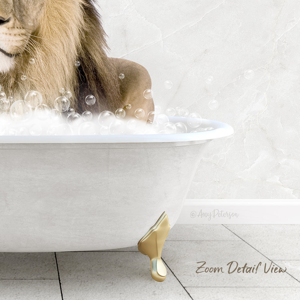 A lion is sitting in a white bathtub filled with bubbles, creating a whimsical and playful scene.