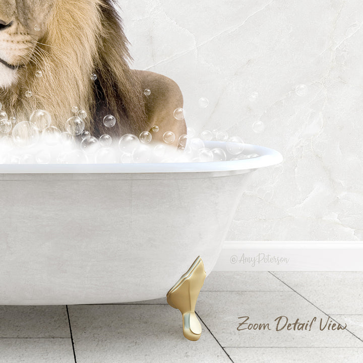 A lion is sitting in a white bathtub filled with bubbles, creating a whimsical and playful scene.