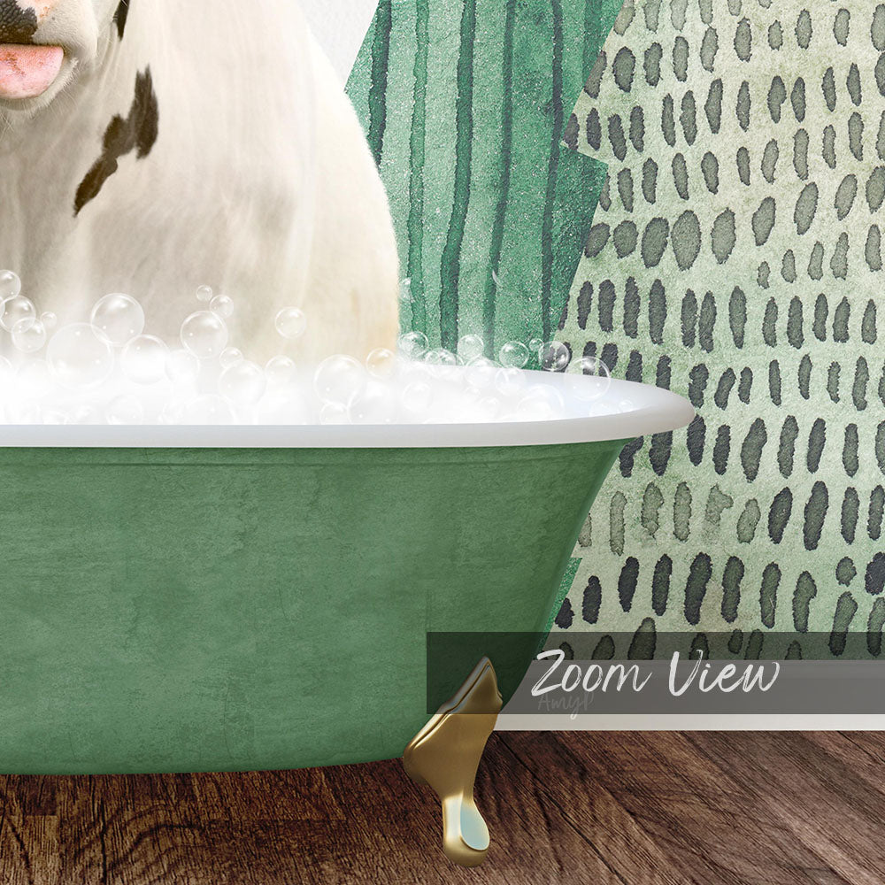 A white cow is sitting in a green bathtub filled with bubbles, with a patterned wall in the background.