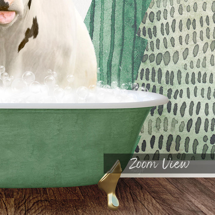 A white cow is sitting in a green bathtub filled with bubbles, with a patterned wall in the background.