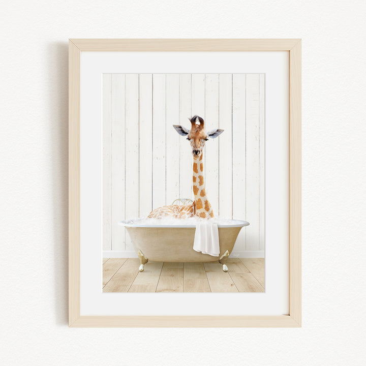 A giraffe is sitting in a bathtub filled with water, creating a whimsical and playful scene.