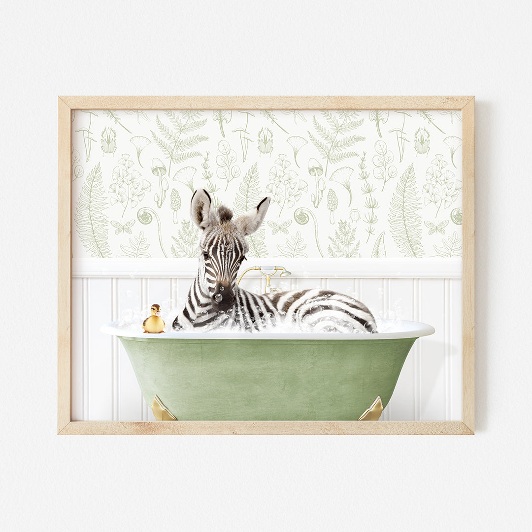 a zebra laying in a green bath tub