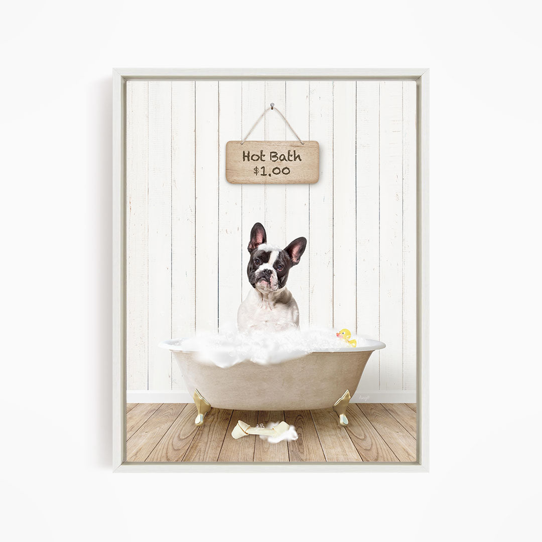 A French Bulldog sitting in a bathtub filled with bubbles, with a sign above the tub indicating a hot bath for $1.00.