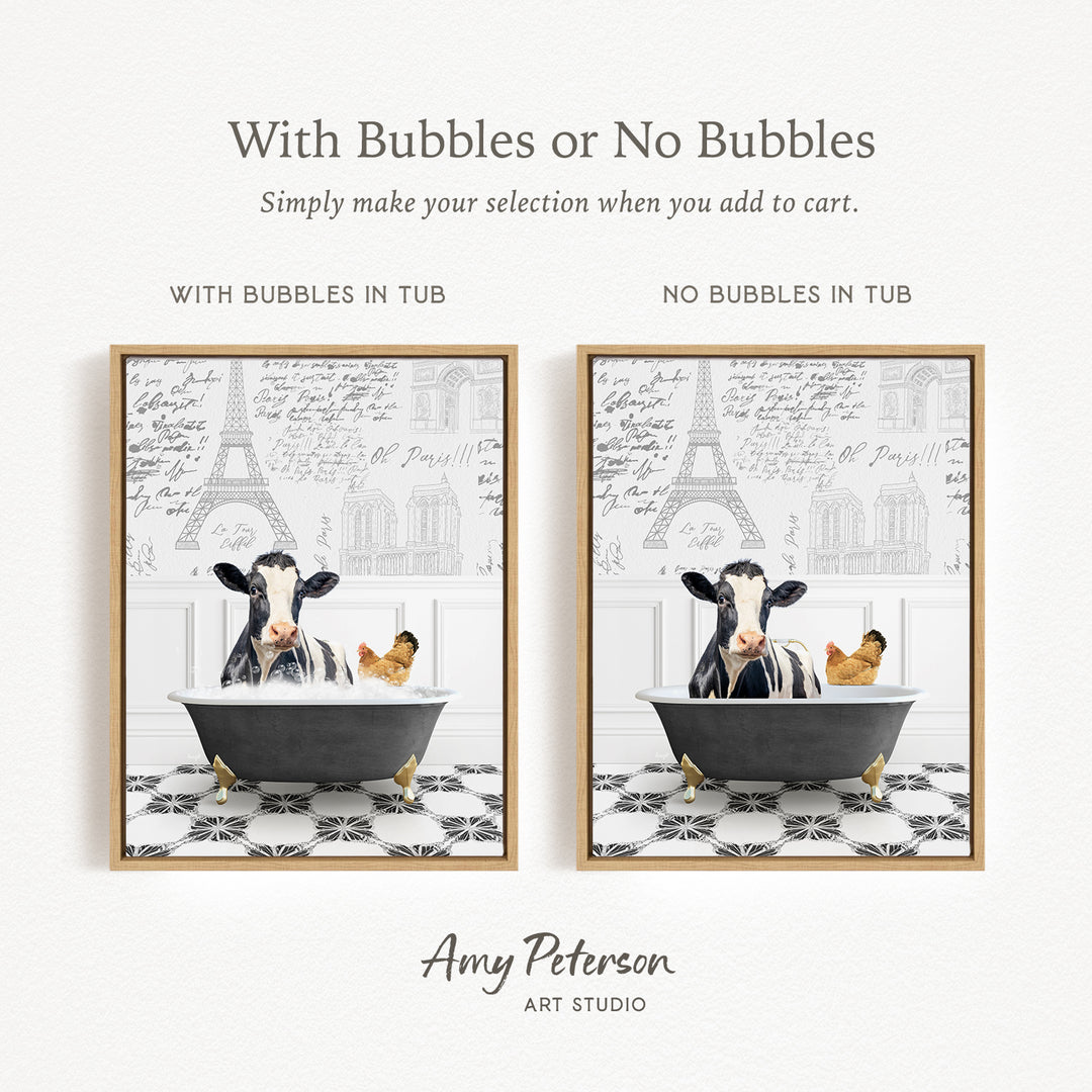 The image is a collage of two framed pictures, each depicting a cow sitting in a bathtub. The cow in the bathtub has bubbles, while the other cow does not have bubbles. The collage is titled "With Bubbles or No Bubbles" and is created by Amy Peterson from Art Studio.