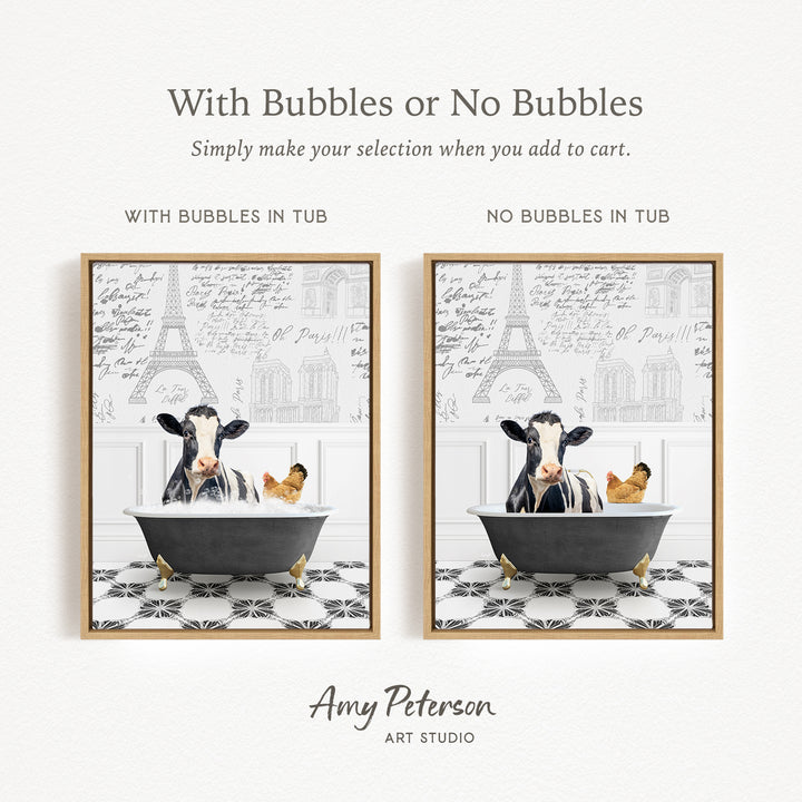The image is a collage of two framed pictures, each depicting a cow sitting in a bathtub. The cow in the bathtub has bubbles, while the other cow does not have bubbles. The collage is titled "With Bubbles or No Bubbles" and is created by Amy Peterson from Art Studio.