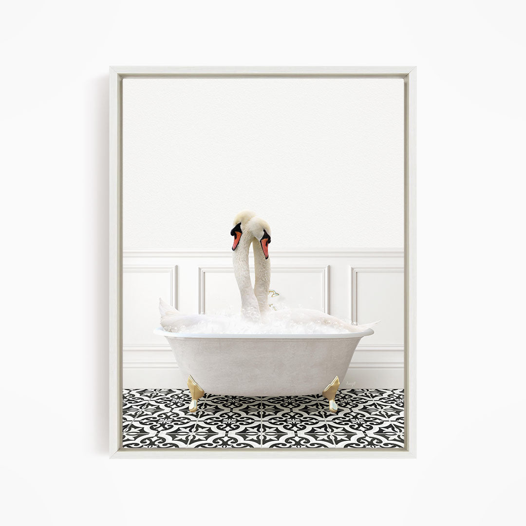 A pair of swans sitting in a white bathtub filled with bubbles, creating a whimsical and charming scene.