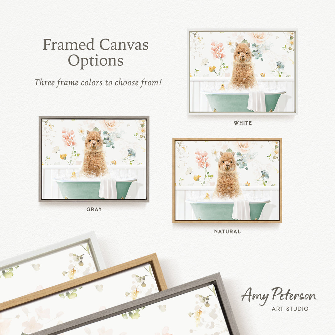 The image is a framed canvas with three different options for frame colors: white, gray, and natural. The canvas features a dog sitting in a bathtub, surrounded by flowers and birds.