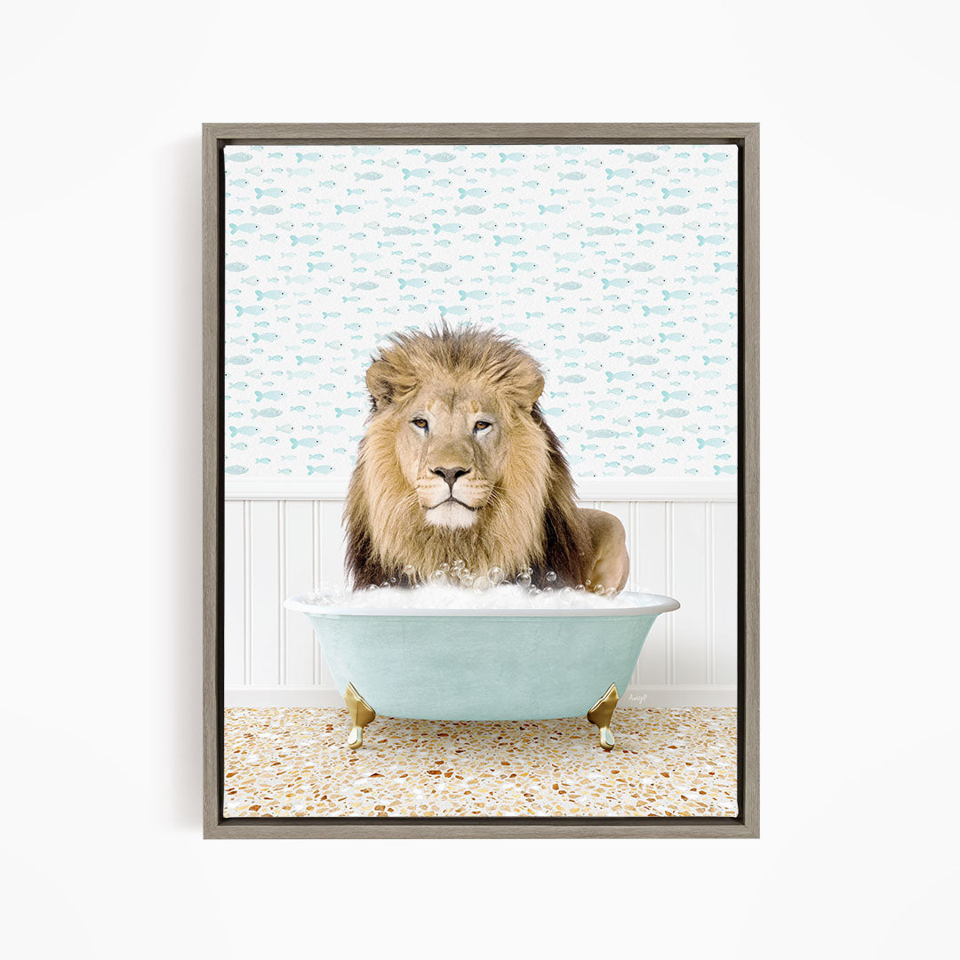 A lion sitting in a bathtub filled with water, surrounded by a pattern of fish.