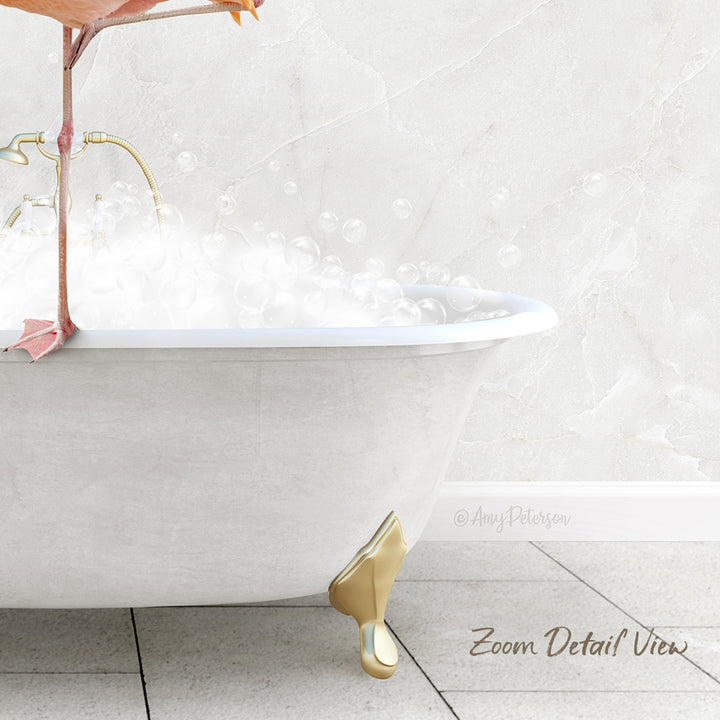 A white claw-foot bathtub filled with bubbles, with a pink flamingo perched on the edge.