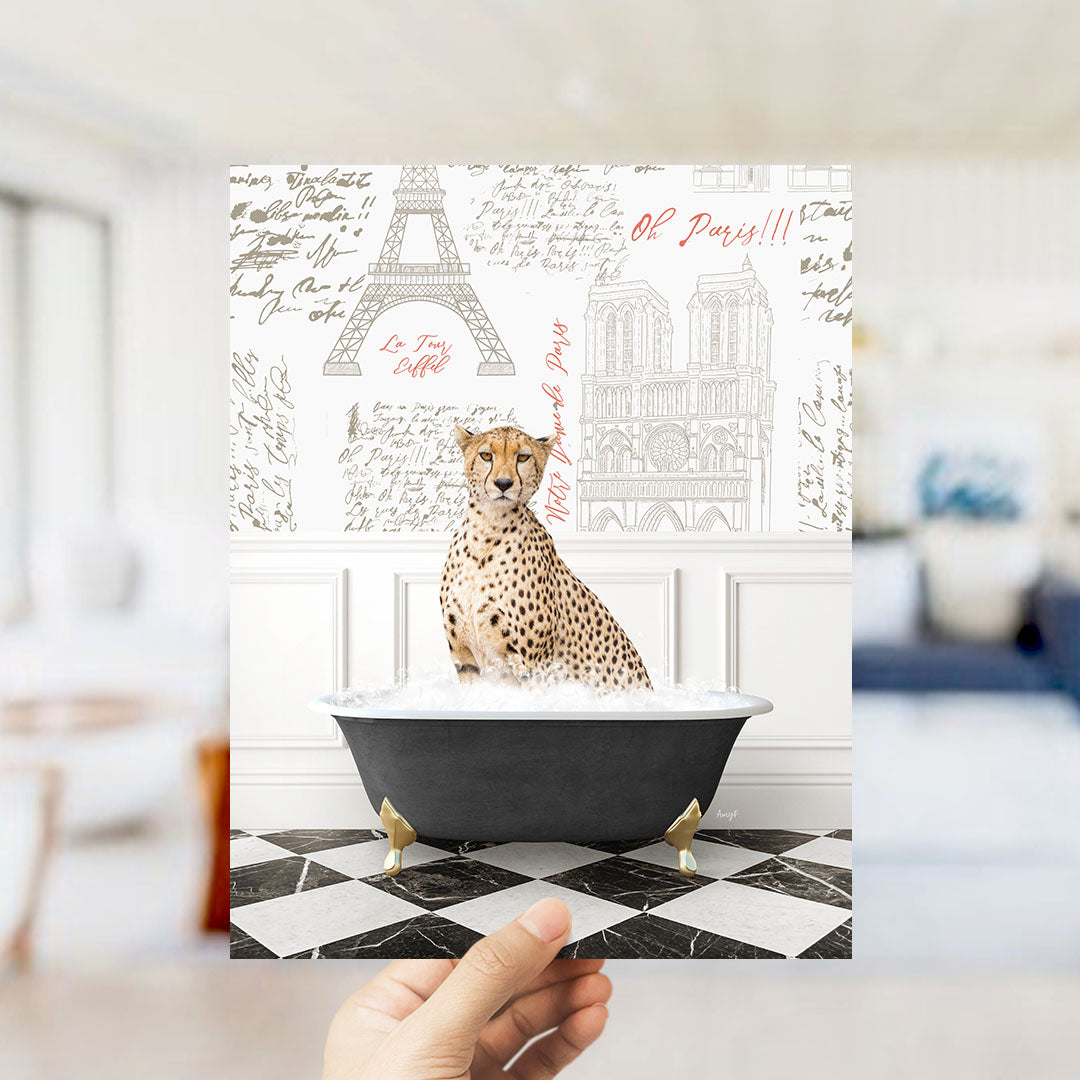 A cheetah sitting in a bathtub filled with water, surrounded by various Paris-themed elements such as the Eiffel Tower and Notre-Dame Cathedral.