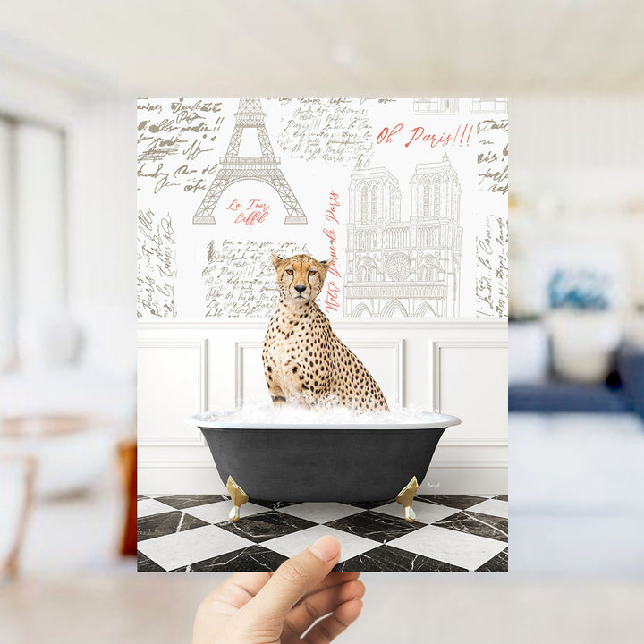 A cheetah sitting in a bathtub filled with water, surrounded by various Paris-themed elements such as the Eiffel Tower and Notre-Dame Cathedral.
