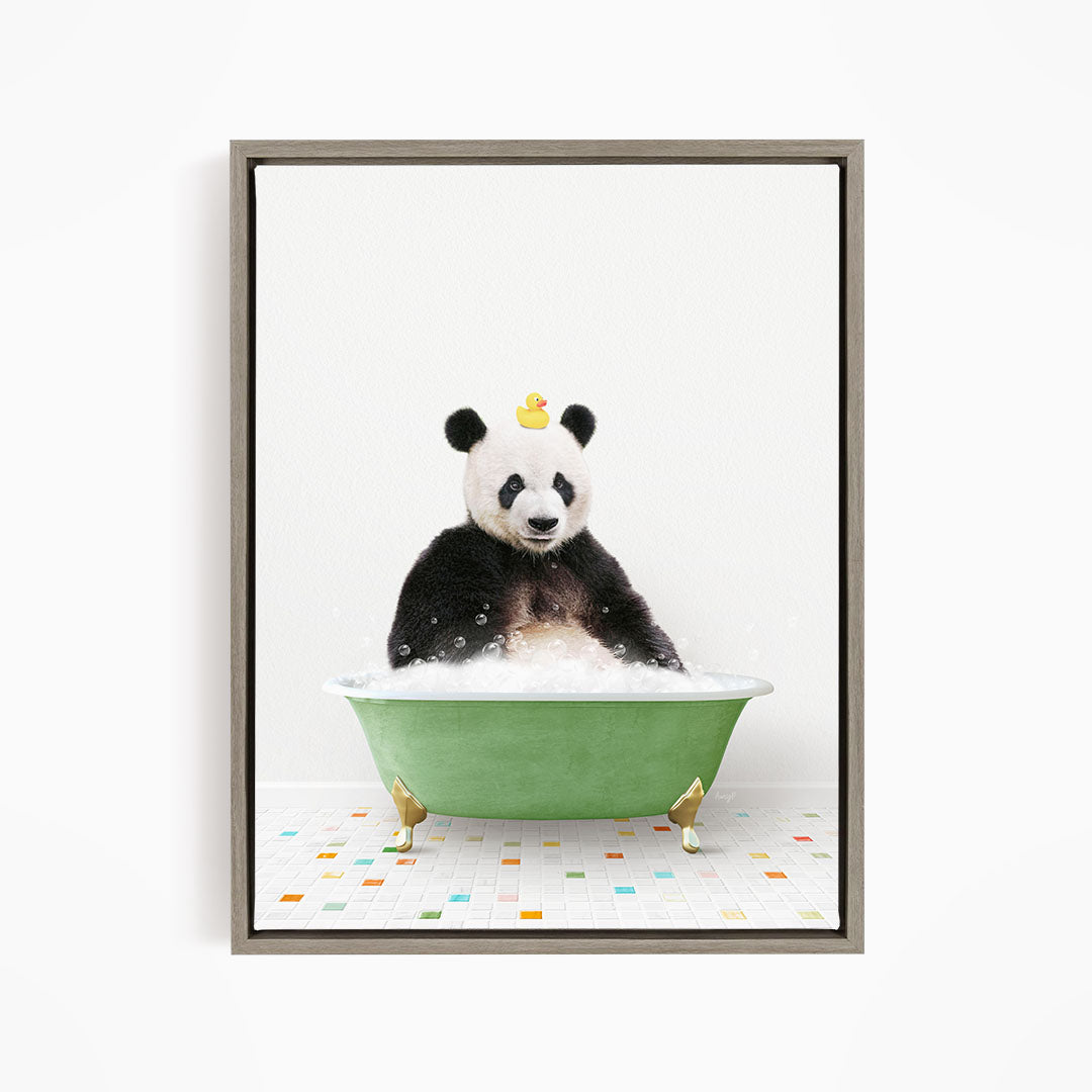A panda bear sitting in a green bathtub, surrounded by colorful tiles on the floor.