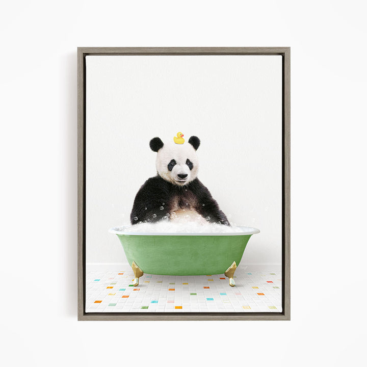 A panda bear sitting in a green bathtub, surrounded by colorful tiles on the floor.