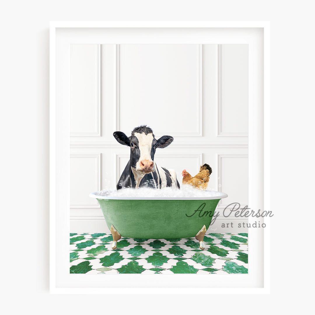 a cow in a bathtub with a chicken in it