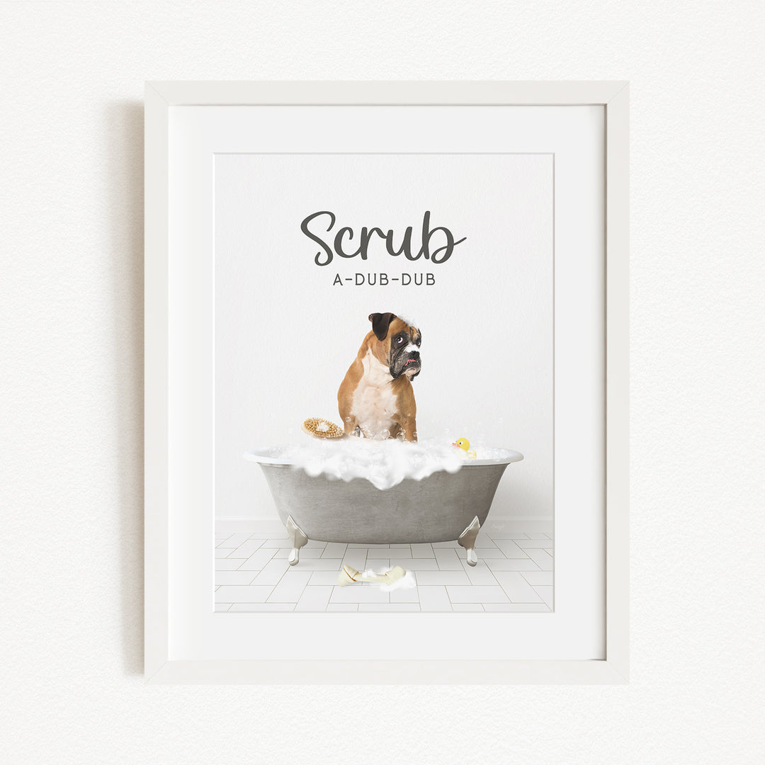 A dog sitting in a bathtub filled with bubbles, with the text "Scrub" above it.