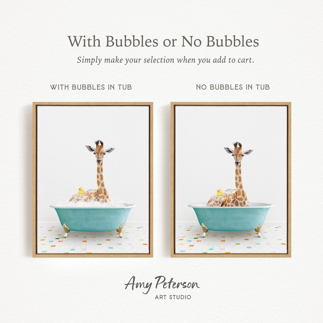 The image is a collage of two framed pictures, each depicting a giraffe sitting in a bathtub. The text above the images reads "With Bubbles or No Bubbles" and below the images, it says "Simply make your selection when you add to cart."