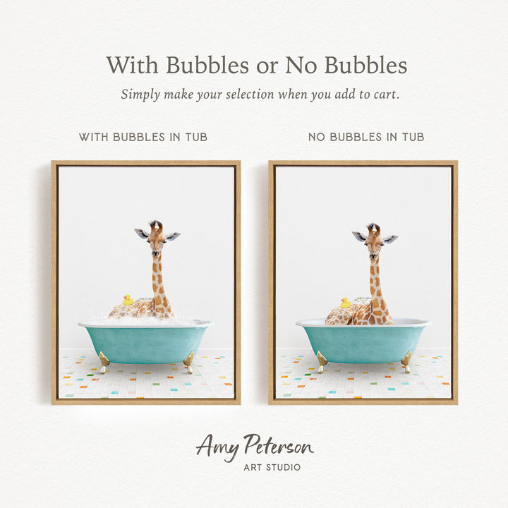 The image is a collage of two framed pictures, each depicting a giraffe sitting in a bathtub. The text above the images reads "With Bubbles or No Bubbles" and below the images, it says "Simply make your selection when you add to cart."