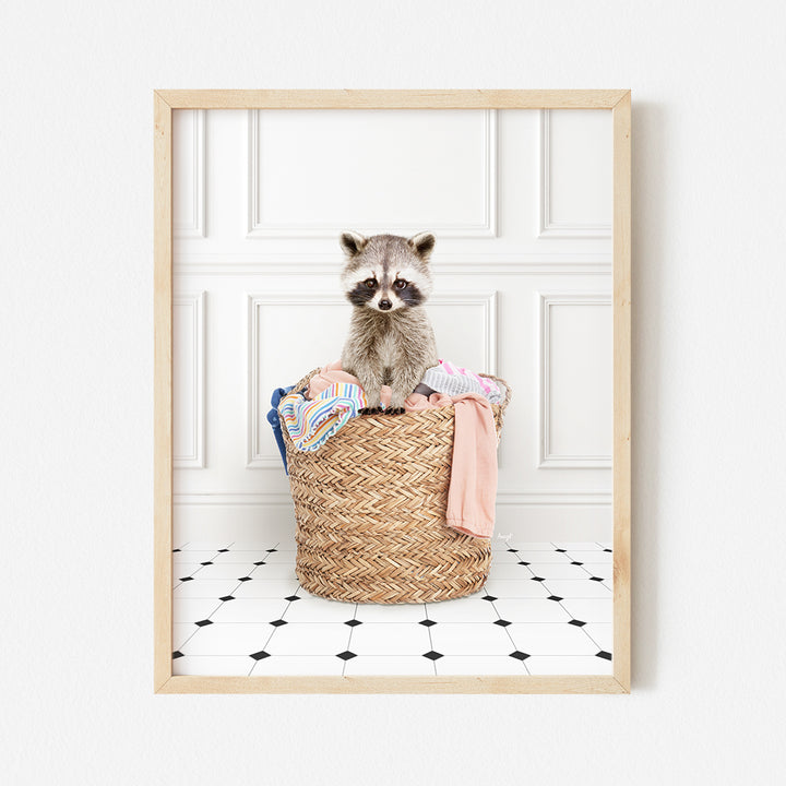 a raccoon sitting in a basket with clothes in it