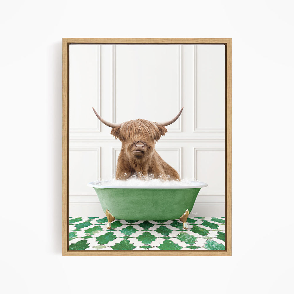 A Highland cow with long horns is sitting in a green bathtub filled with water, creating a whimsical and amusing scene.