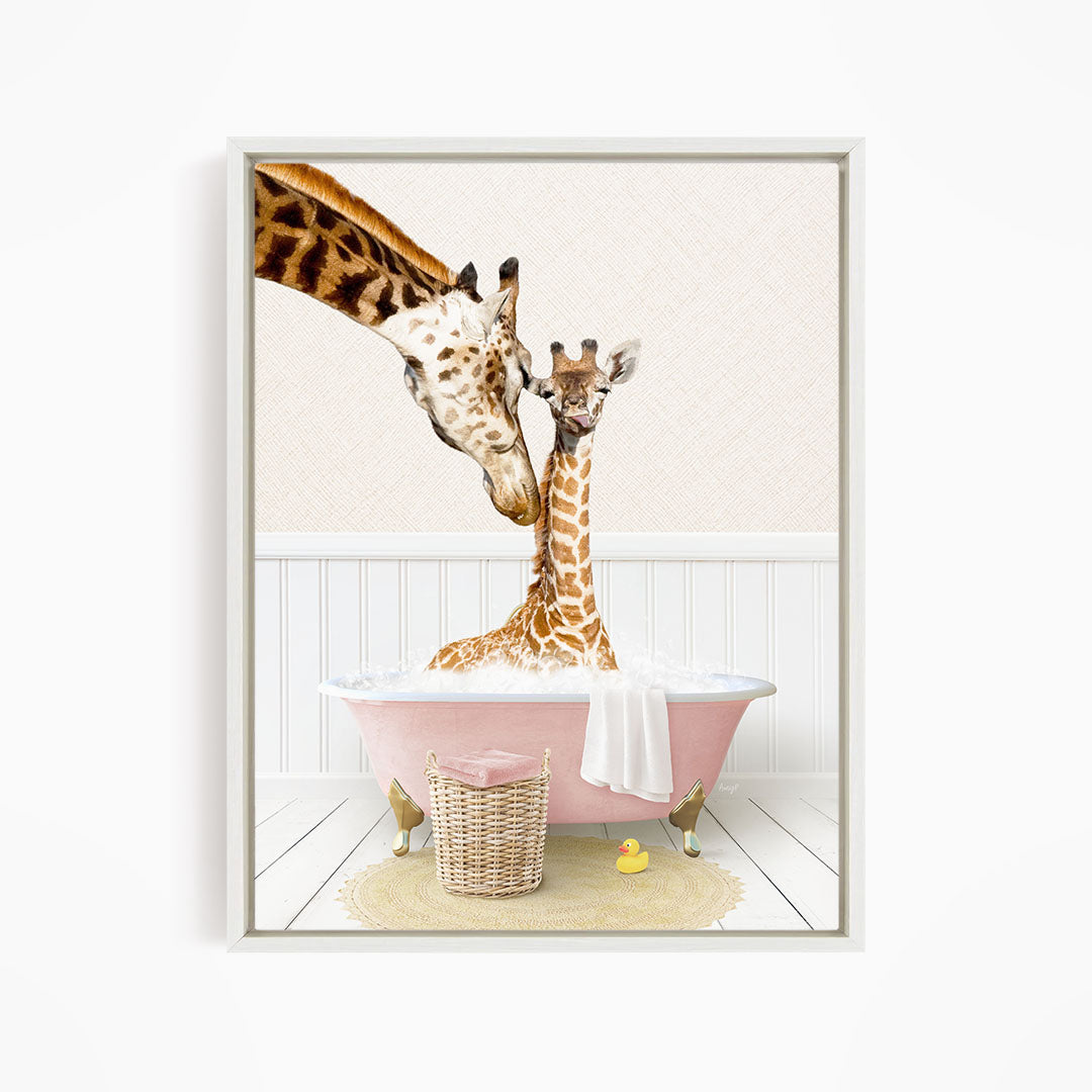 A mother giraffe and her baby giraffe enjoying a relaxing bath in a pink bathtub, surrounded by a yellow rubber duck and a basket.