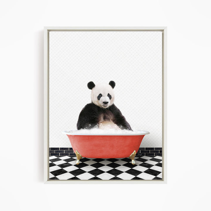 A panda bear sitting in a red bathtub filled with bubbles, surrounded by a black and white checkered floor.