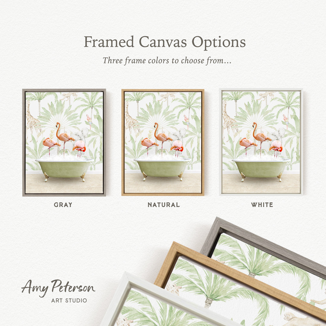 three framed canvas options featuring a pink flamingo in a bathtub, each with a different frame color: gray, natural, and white.