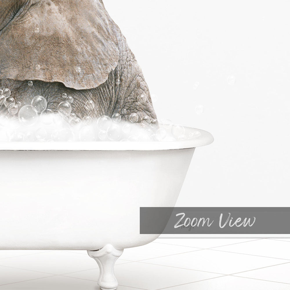 A close-up view of an elephant submerged in a bathtub filled with bubbles, with the text "Zoom View" overlaid on the image.
