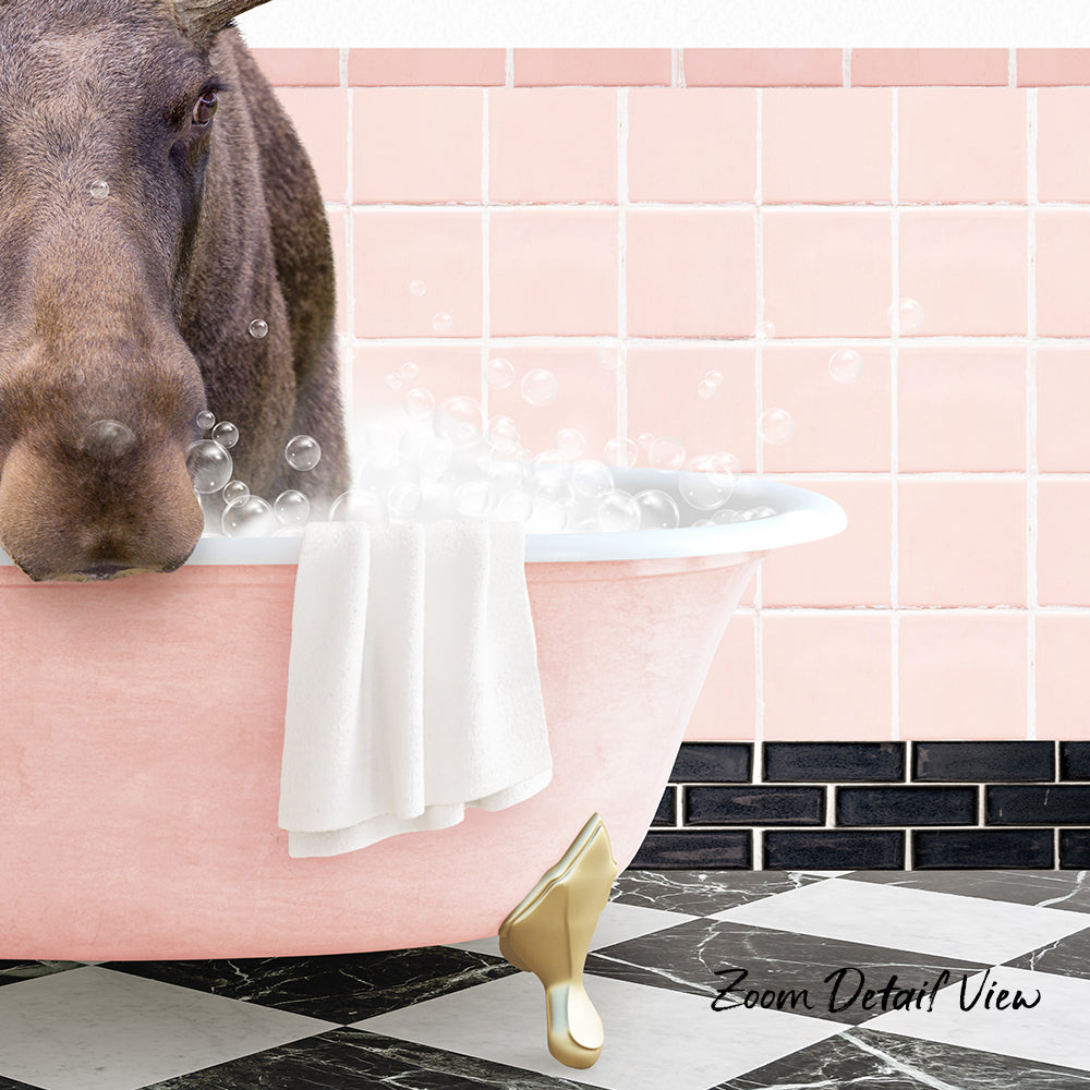 A close-up of a dog's face peeking out of a pink bathtub filled with bubbles, with a pink tiled wall in the background.