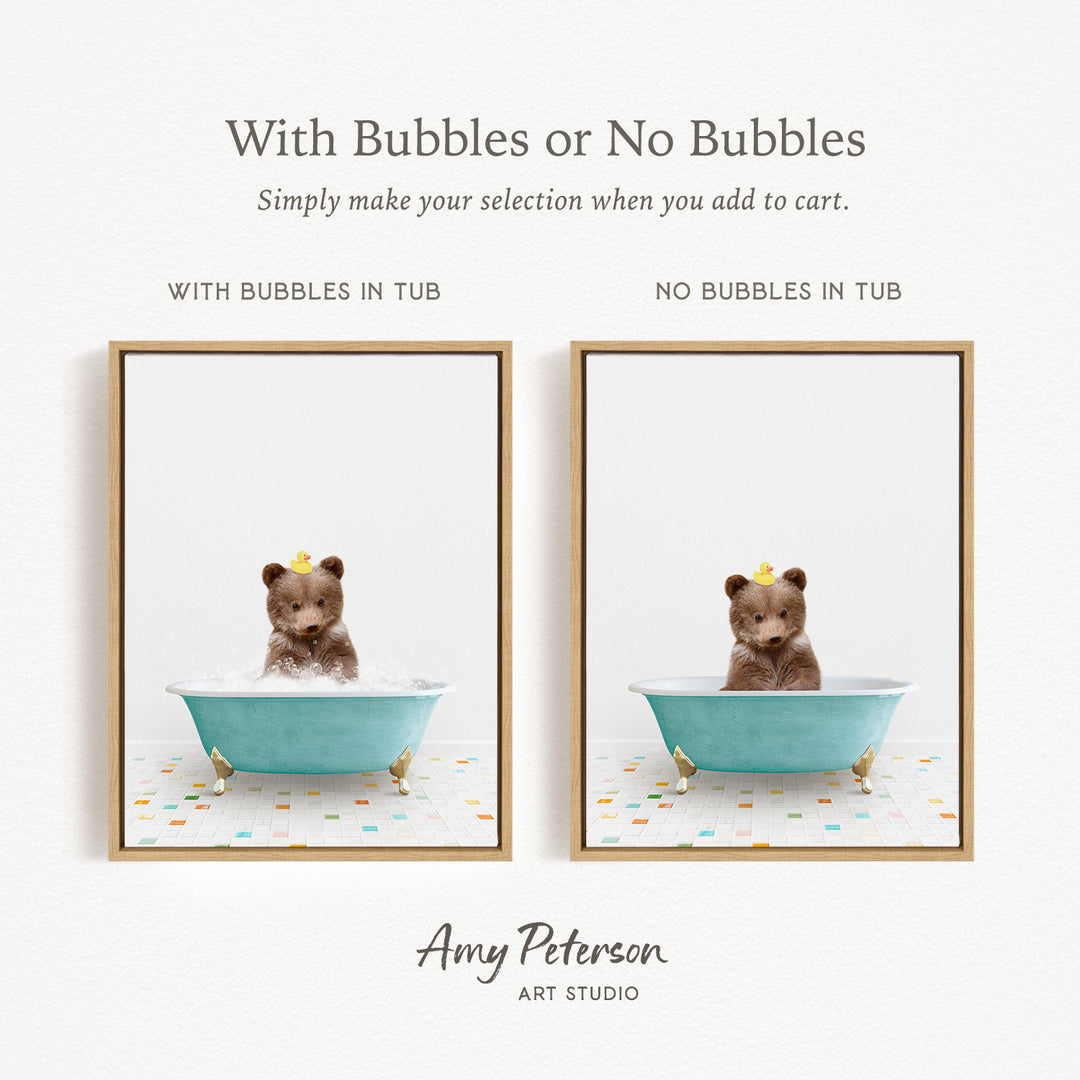 The image is a collage of two framed pictures, each depicting a bear sitting in a bathtub. The bear in the left picture has bubbles in the tub, while the bear in the right picture does not have bubbles. The text above the images reads "With Bubbles or No Bubbles Simply make your selection when you add to cart."