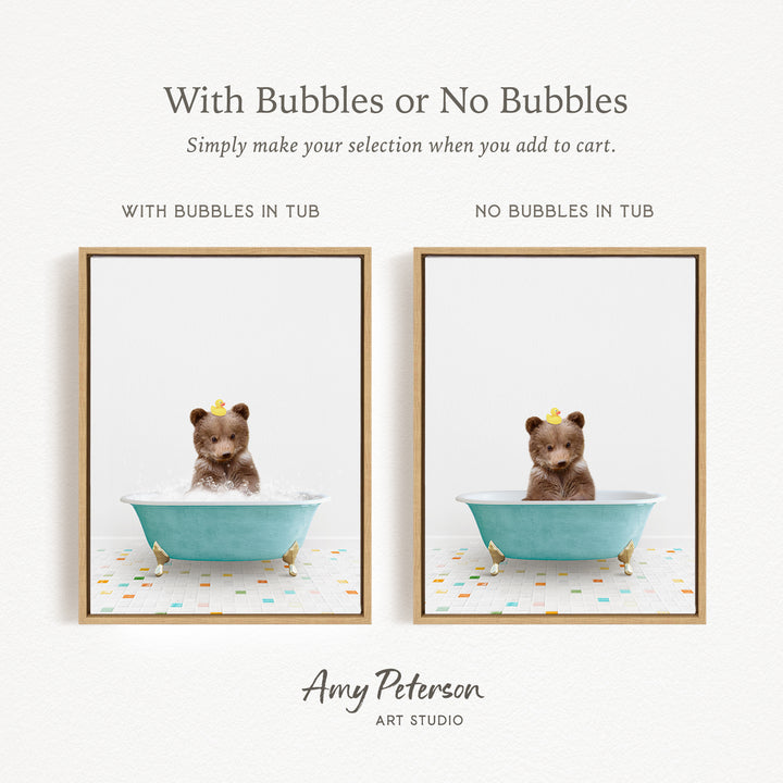 The image is a collage of two framed pictures, each depicting a bear sitting in a bathtub. The bear in the left picture has bubbles in the tub, while the bear in the right picture does not have bubbles. The text above the images reads "With Bubbles or No Bubbles Simply make your selection when you add to cart."