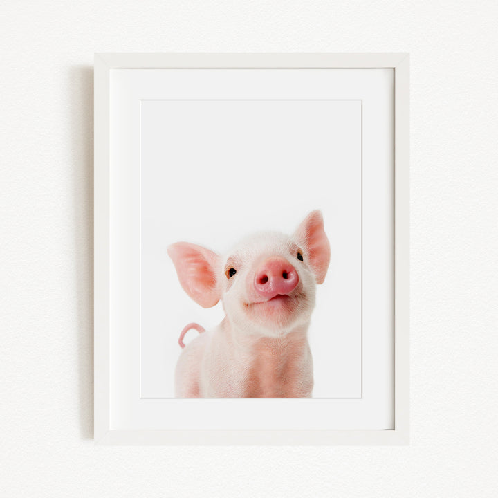 A cute, pink pig with large ears and a pink nose is the main subject of the framed image.