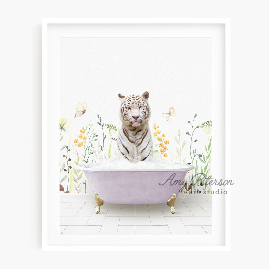 a white tiger sitting in a bathtub surrounded by flowers