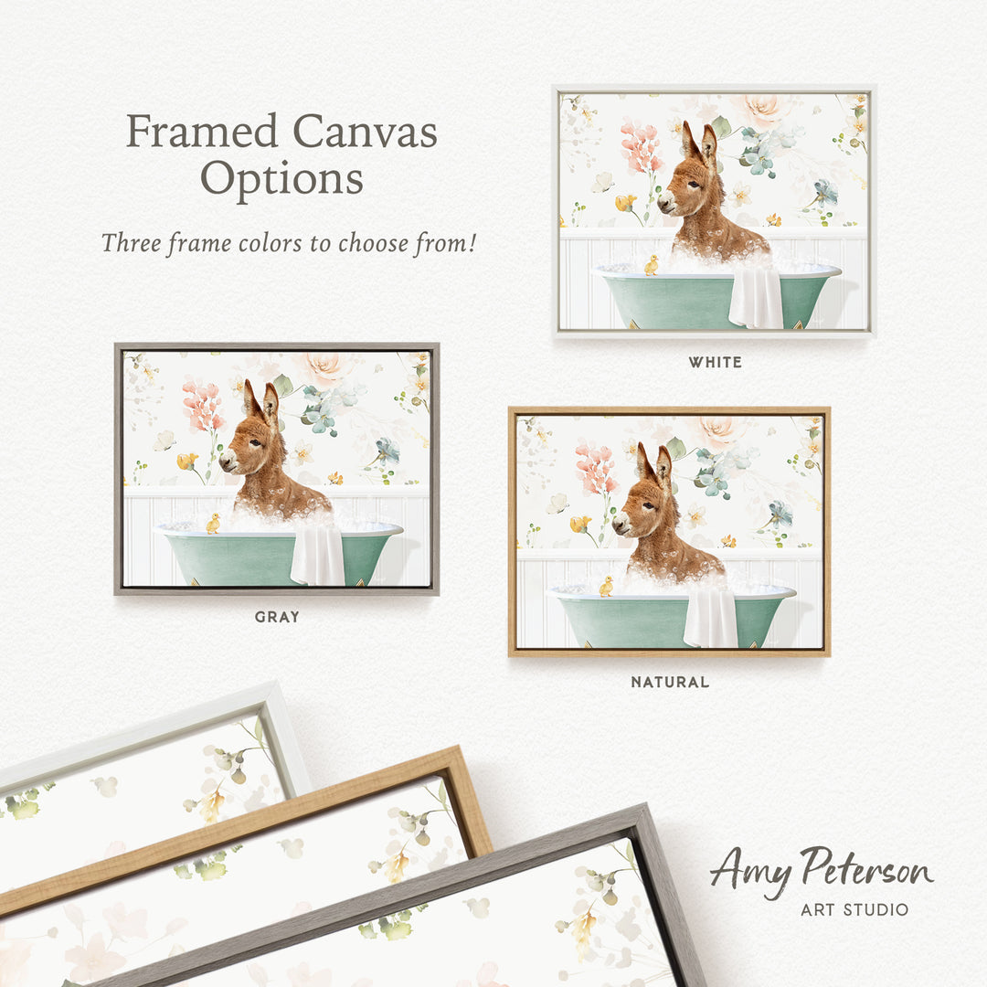 The image is a framed canvas with three different options for the color of the frame: white, gray, and natural. The canvas features a brown dog sitting in a green bathtub, surrounded by flowers and birds.