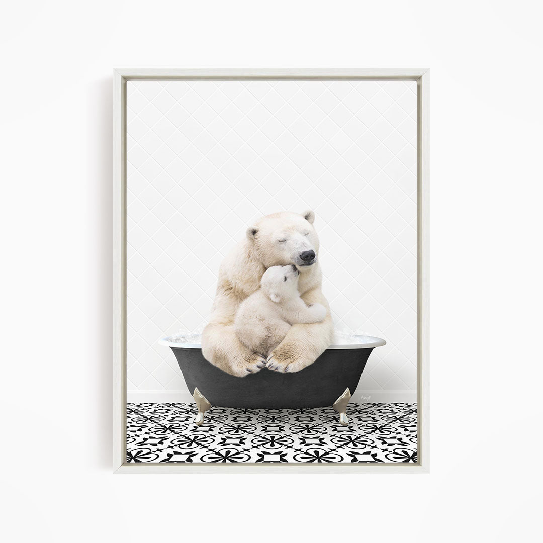 A polar bear sitting in a bathtub, with another polar bear resting on its lap, creating a heartwarming scene.