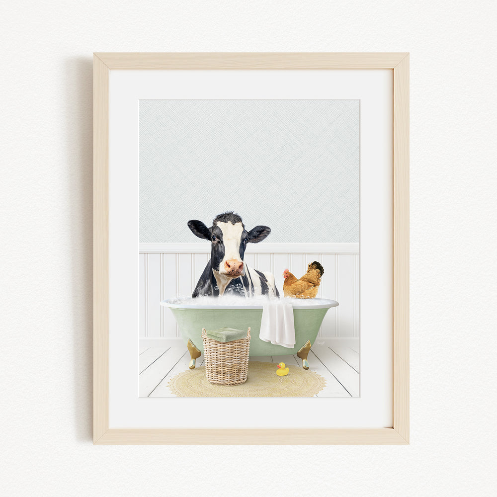 A black and white cow is sitting in a green bathtub, surrounded by a chicken and a duck, in a whimsical and playful scene.