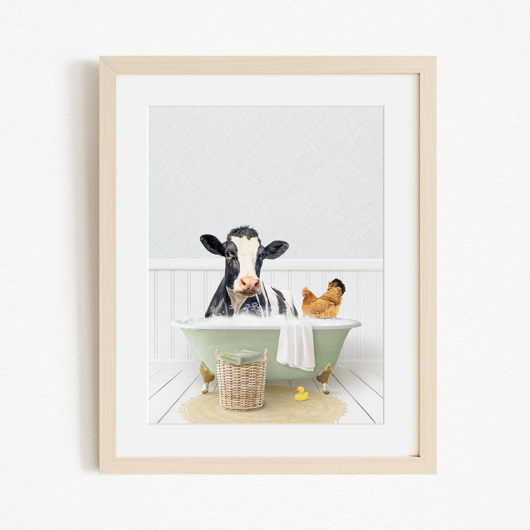 A black and white cow is sitting in a green bathtub, surrounded by a chicken and a duck, in a whimsical and playful scene.