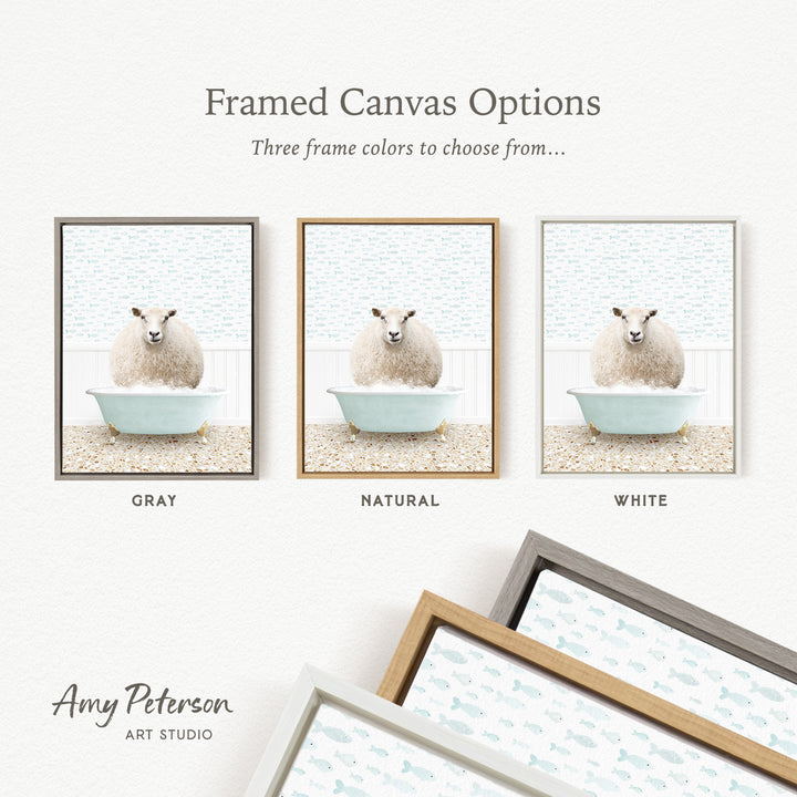 three framed canvas options featuring a sheep in a bathtub, each with a different frame color: gray, natural, and white.