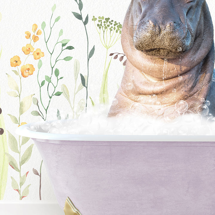 a hippo in a bathtub with flowers on the wall