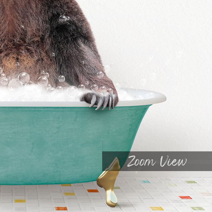 A close-up of a bear's paw in a green bathtub filled with bubbles, with a text overlay that reads "Zoom View".