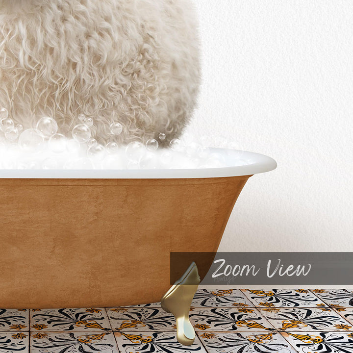 A fluffy white dog is sitting in a bathtub filled with bubbles, with a gold bathtub faucet visible.