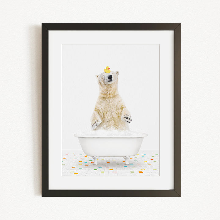 A polar bear standing in a bathtub filled with bubbles, with a rubber duck perched on its head.