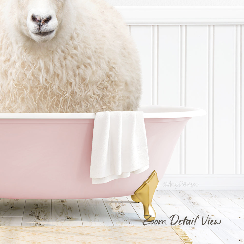 A fluffy white sheep is sitting in a pink bathtub, with a white towel and gold bathtub stopper visible.