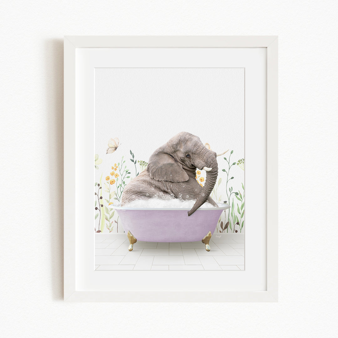 A gray elephant is sitting in a purple bathtub filled with bubbles, surrounded by flowers and butterflies.