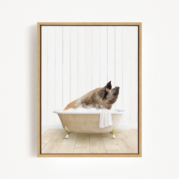 A brown dog is sitting in a white bathtub filled with bubbles, looking up at the camera.