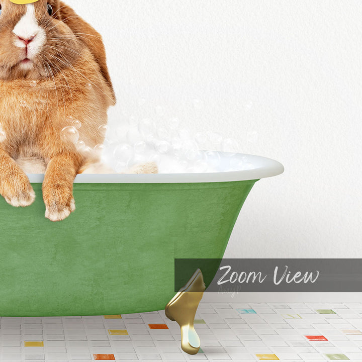 A cute brown rabbit sitting in a green bathtub filled with bubbles, with a white tiled floor and a "Zoom View" label in the bottom right corner.