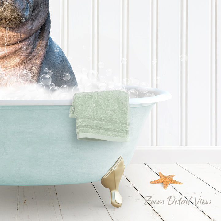 A bathtub filled with bubbles, with a towel and starfish nearby, and a text overlay that reads "Zoom Detail View".