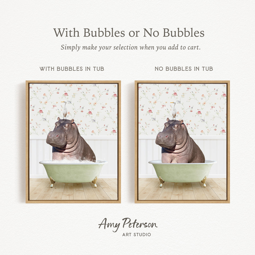 The image is a collage of two framed pictures, each depicting a hippopotamus sitting in a bathtub. The text above the images reads "With Bubbles or No Bubbles" and below the images, it says "Simply make your selection when you add to cart."