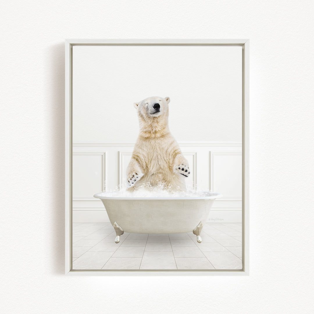 A polar bear standing in a bathtub filled with water, appearing to be enjoying the bath.