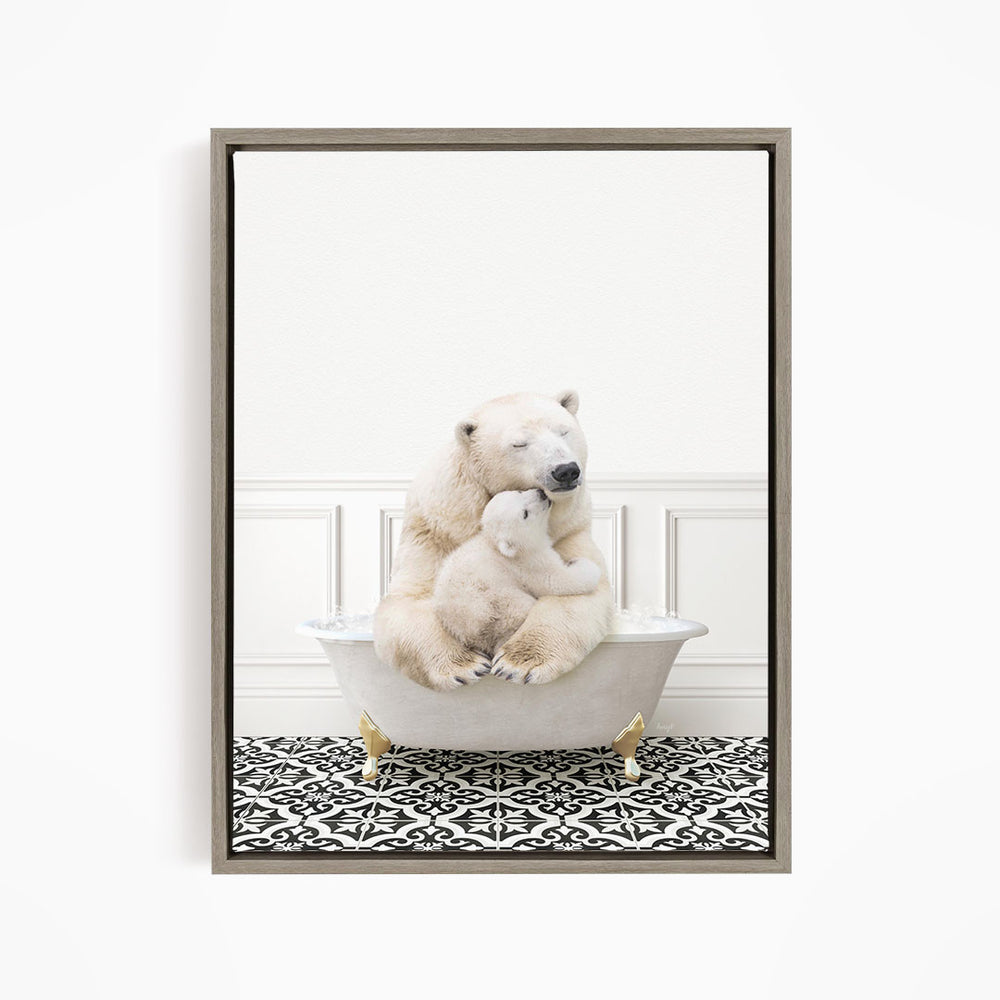 A polar bear sitting in a bathtub, with its head resting on another polar bear.